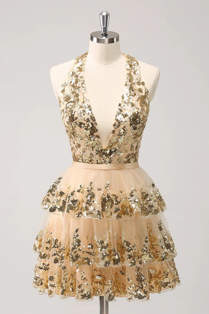 Weitese Dress Sparkly Gold A-Line Halter Tiered Sequined Backless Short Homecoming Dress Sleeveless Open Back Party Dress
